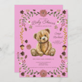 Whimsical Woodland Teddy Bear Pink Baby Shower Einladung (Vorne/Hinten)