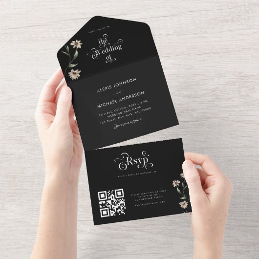 Whimsical Woodland Wildblumen QR Code Hochzeit All In One Einladung (Abreißen)