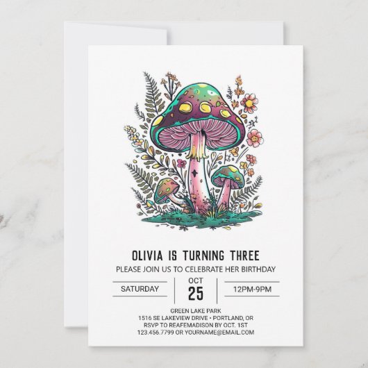 Whimsical Woods Digital Mushroom Geburtstag Einladung (Vorderseite)