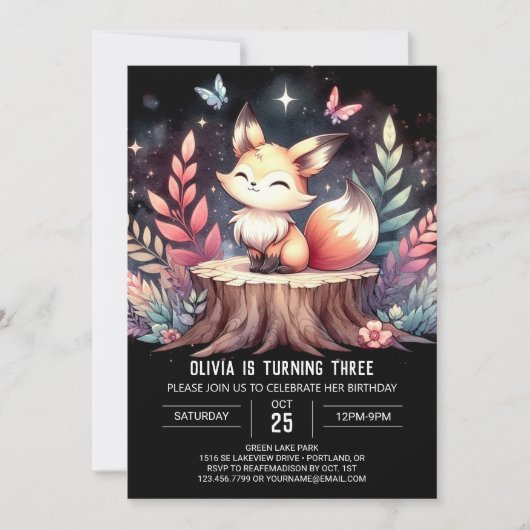Whimsical Woods Fox Geburtstag Einladung (Vorderseite)