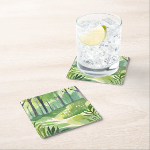 Whimsical Woods   Wald Wasserfarbenlandschaft Rechteckiger Pappuntersetzer