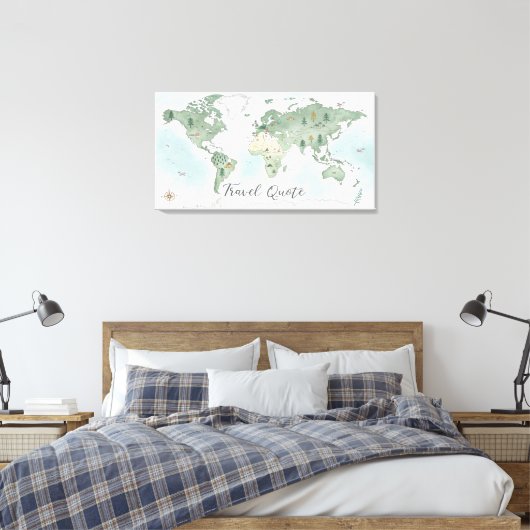 Whimsical World Map Mauer - Wasserfarbenwelt Leinwanddruck (Insitu (Schlafzimmer))