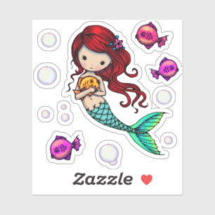 Whimsical World Sweet Mermaid with Fish and Bubble Aufkleber