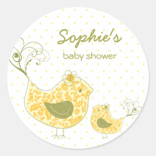 Whimsical Yellow Damask Mommy Bird & Baby Dusche Runder Aufkleber