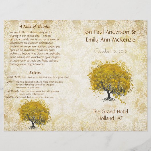 Whimsical Yellow Heart Leaf Tree Hochzeitsprogramm (Vorderseite)