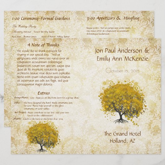 Whimsical Yellow Heart Leaf Tree Hochzeitsprogramm (Vorne/Hinten)