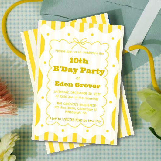 Whimsical Yellow Stripes Birthday Invitation Einladung