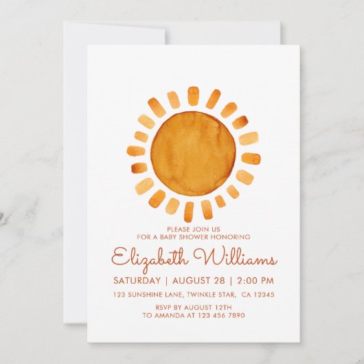 Whimsical Yellow Watercolor Sunshine Baby Dusche Einladung (Vorderseite)