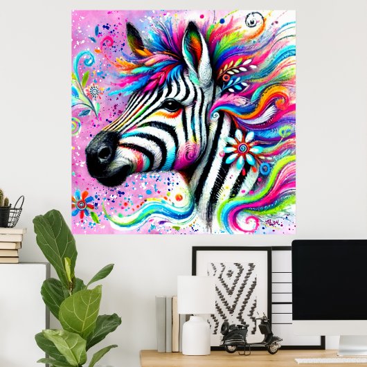 Whimsical Zebra Floral Pink Aquamarin grüne Daisy Poster (Heimbüro)