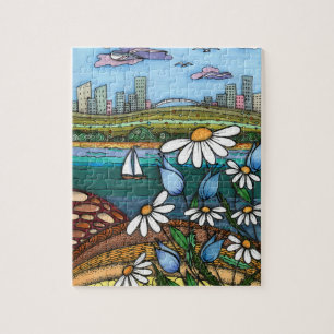 Whimsical Zentangle Gänseblümchen und Stadt-Skylin Puzzle