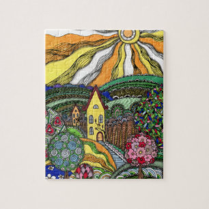 Whimsical Zentangle Märchenhaus & Sonnige Hügel  Puzzle