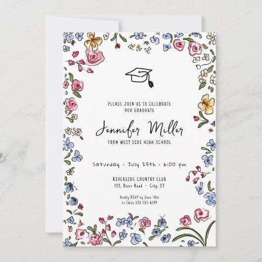 Whimsicalbloms handgezeichnete Graduierungspartei Feiertagskarte (Vorderseite)