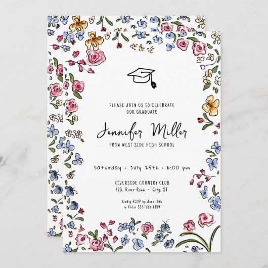 Whimsicalbloms handgezeichnete Graduierungspartei Feiertagskarte (Vorne/Hinten)