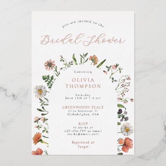 WhimsicalBoho Spring Wildblume Arch Brautparty Folieneinladung (Vorderseite)