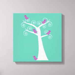 Whimsicaler Baum mit lila Vögeln Kunst Leinwanddruck