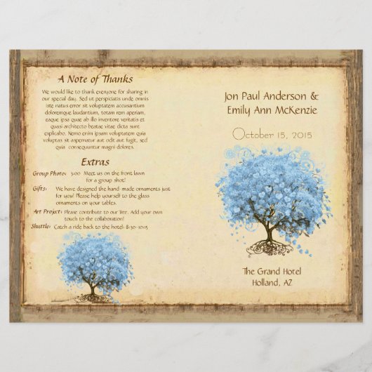 Whimsicaler Blaue Herzblattbaum-Hochzeitsprogramm (Vorderseite)