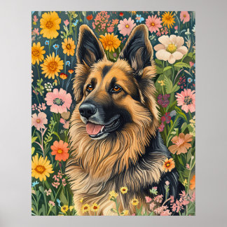Whimsicaler Deutscher Schäferhund in einem Blumeng Poster
