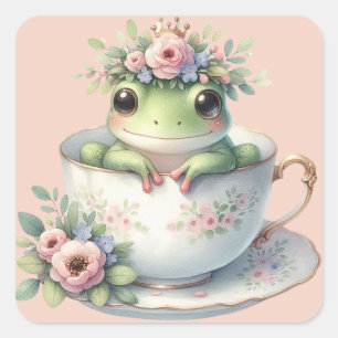 Whimsicaler Frosch in floraler Teetasse Quadratischer Aufkleber
