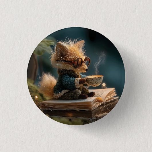 Whimsicaler Fuchs liest Buch und trinkt Tee Button (Vorderseite)
