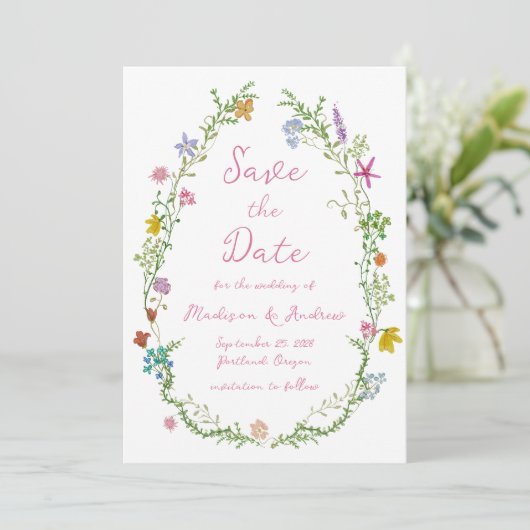 Whimsicaler Garten-Wildblumen-Hochzeit Save The Date (Stehend Vorderseite)