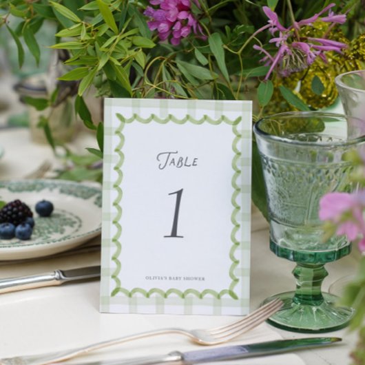 Whimsicaler grüner Gingham-Baby-Shower-Tischnummer