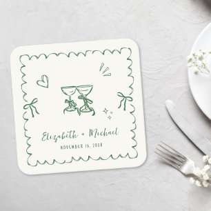 Whimsicaler grüner welliger Rahmen Creme Hochzeit Rechteckiger Pappuntersetzer