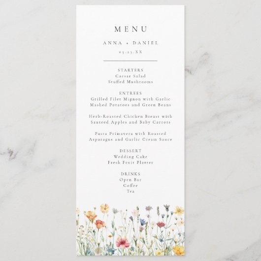 Whimsicaler Hochzeitsmenü mit Frühlingswildblumen Menükarte (Vorderseite)