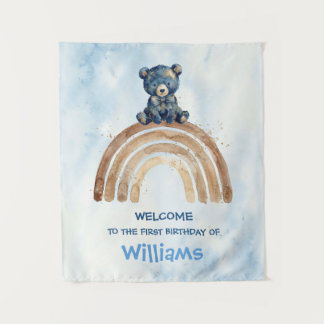 Whimsicaler Indigo-Wasserfarben-Bär-Regenbogen Wandteppich