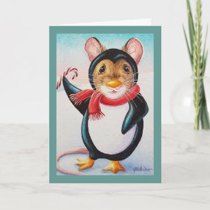 Whimsicaler Nordpol-Pinguin-Maus-Wasserfarbenkunst Karte
