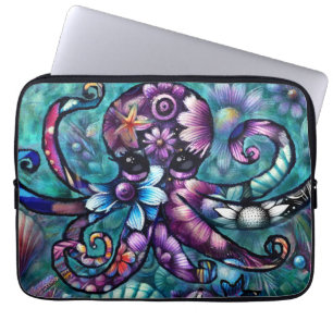 Whimsicaler Oktopus Blumen Teal Lila Blau Küste Laptopschutzhülle