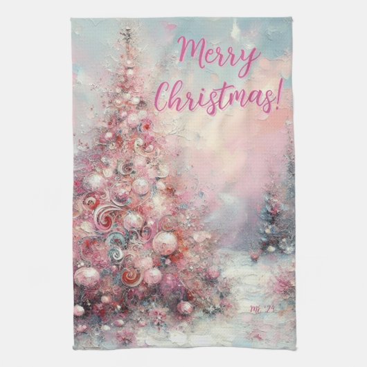 Whimsicaler rosa Weihnachtsbaum personalisiert Geschirrtuch (Vertikal)