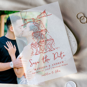 Whimsicaler roter Champagner-Turm Save-the-Date-Ka Pergament Einladungen