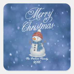 Whimsicaler Schneemann Frohe Weihnachten Quadratischer Aufkleber