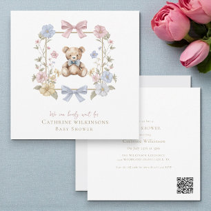 Whimsicaler Teddybär mit Blumen Baby Shower QR-Cod Einladung