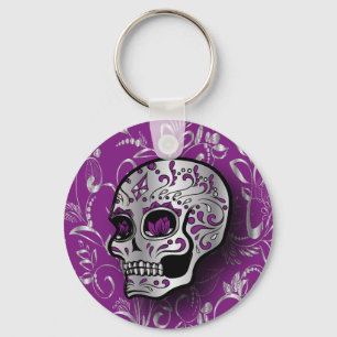 Whimsicaler Totenkopf aus Zucker in Lila und Silbe Schlüsselanhänger