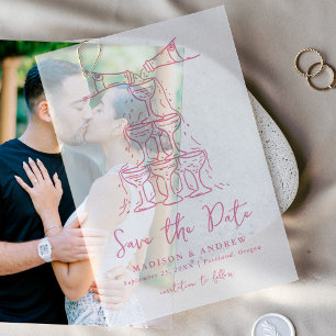 Whimsicaler Turm aus Pink Champagner Save-the-Date Pergament Einladungen