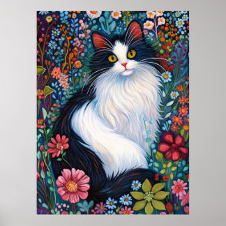 Whimsicaler Tuxedo-Kater mit Wildblumen Poster
