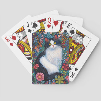 Whimsicaler Tuxedo-Kater mit Wildblumen Spielkarten