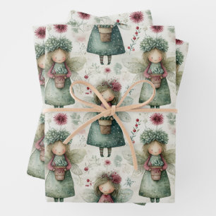 Whimsicaler Vintage-Weihnachtsengel & Floral Geschenkpapier Set