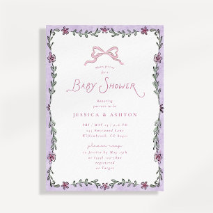 Whimsicaler violetter Blumenrahmen Baby Shower  Einladung