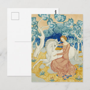 Whimsicaler Wald-Einhorn-und-Jungfrau-Kunst in Bla Postkarte