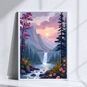 Whimsicaler Wasserfall   Magische Blumenlandschaft Poster