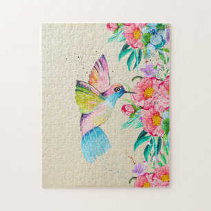 Whimsicaler Wasserfarb-Kolibri und Blumen Puzzle