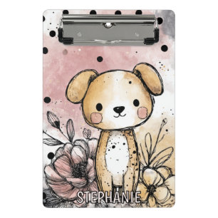 Whimsicaler Welpen-Blumen-Aquarell-Kunst Mini Klemmbrett