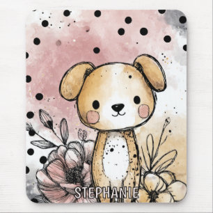 Whimsicaler Welpen-Blumen-Aquarell-Kunst Mousepad