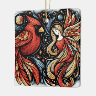 Whimsicalischer Weihnachtsengel und Kardinal Keramikornament