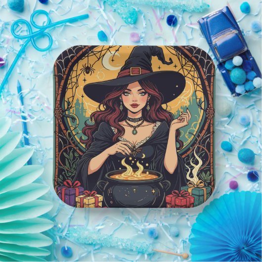 Whimsically Enchanting Witch With Spiders Pappteller (Party)