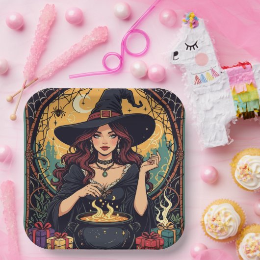 Whimsically Enchanting Witch With Spiders Pappteller (Party)