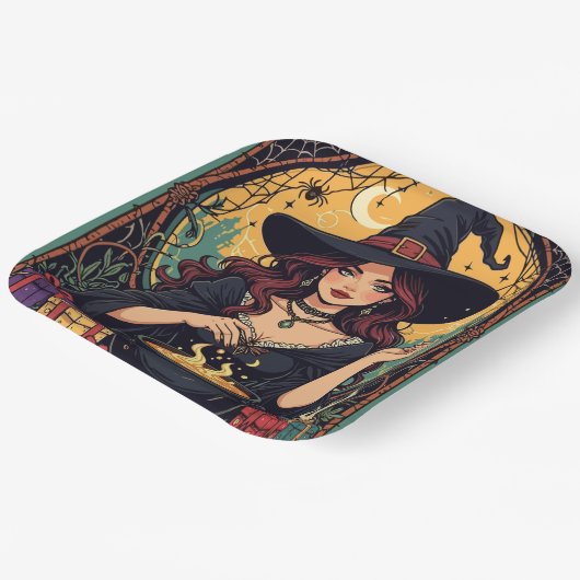 Whimsically Enchanting Witch With Spiders Pappteller (Gewinkelt)