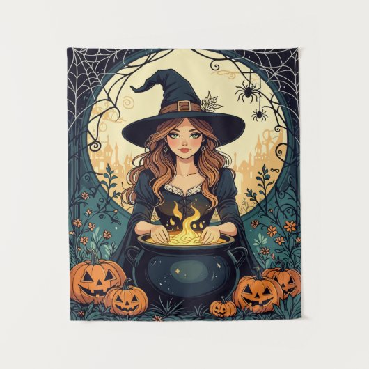 Whimsically Enchanting Witch With Spiders Wandteppich (Vorderseite)